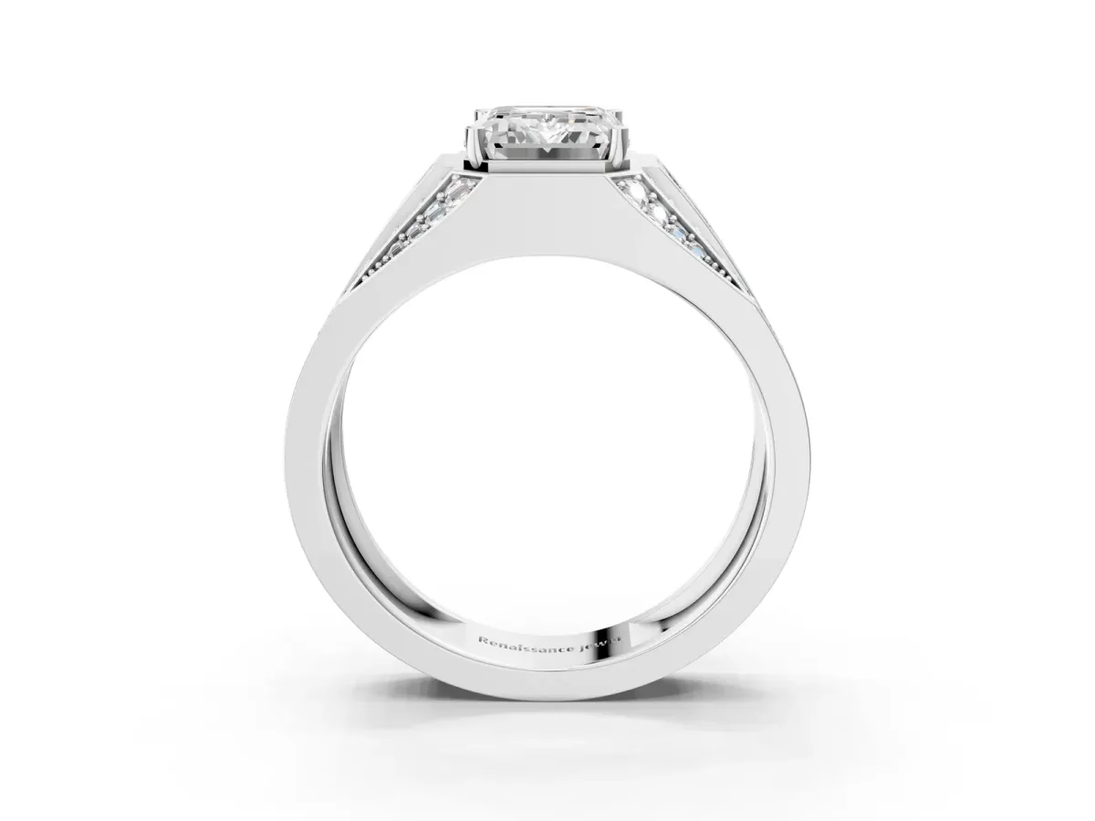 Emerald Cut Diamond Mens Ring with Baguette Side Stones Silver