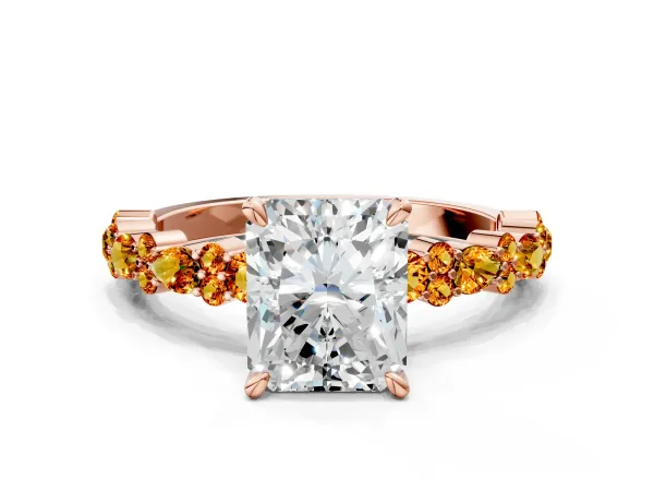 Radiant Cut Diamond Side Stone Solitaire Ring with Round Citrine and Four-Prong Setting Rose gold