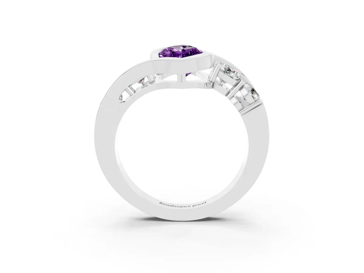Bezel Set Marquise Cut Amethyst Bypass Ring with Round Accents Silver