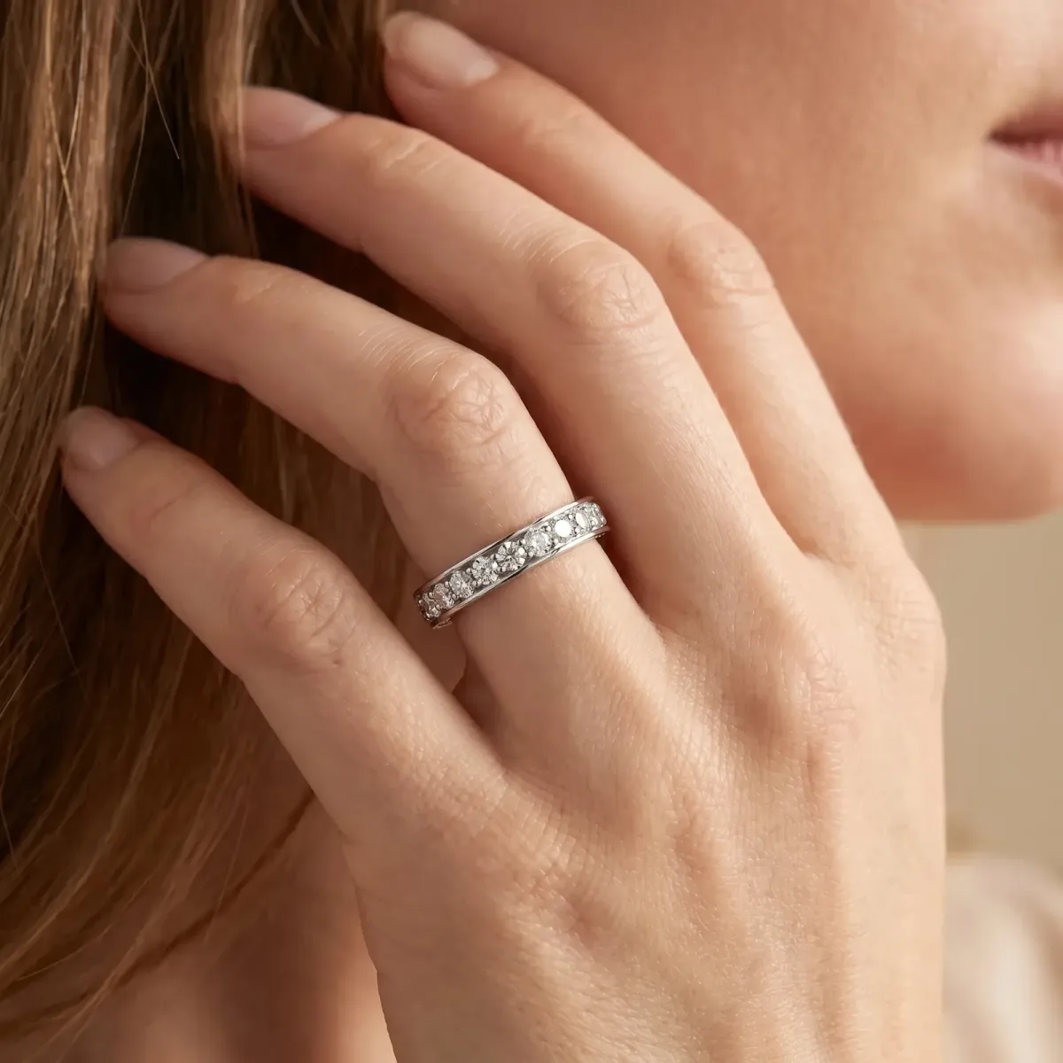 Round Cut Diamond Pavé Eternity Band with Channel Setting Platinum