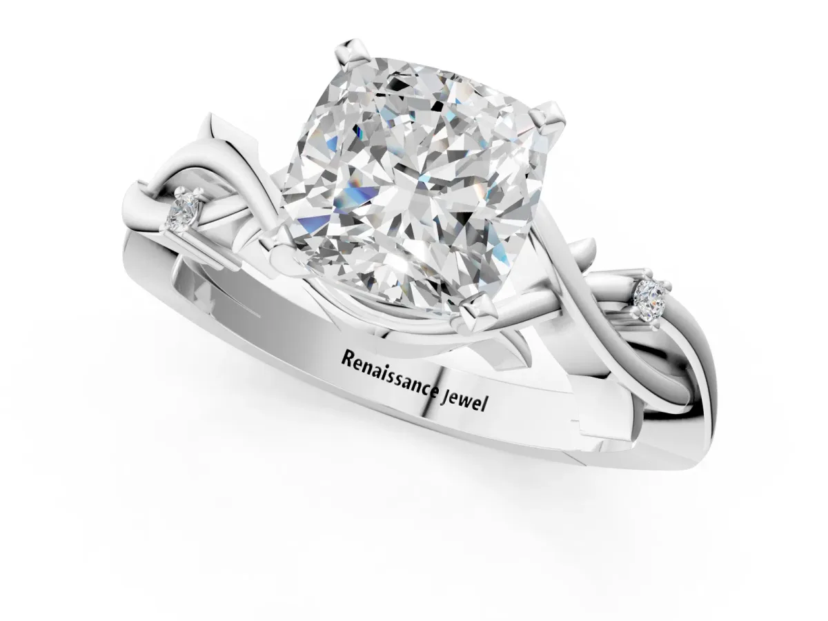 Cushion Cut Diamond Solitaire Ring with Twisted Band and Prong Setting Silver