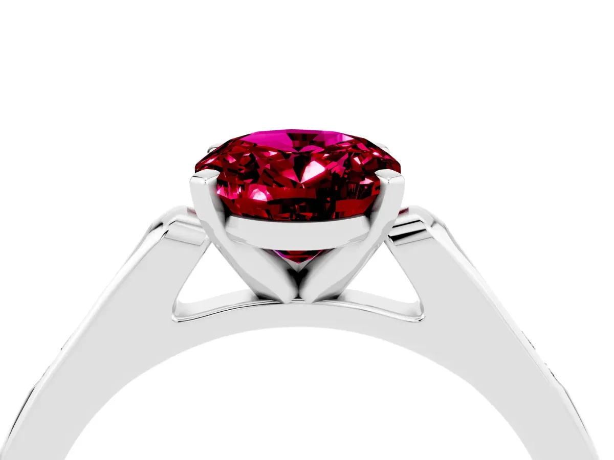 Oval Cut Garnet Solitaire Ring with Channel Set Round Band and Prong Setting Silver