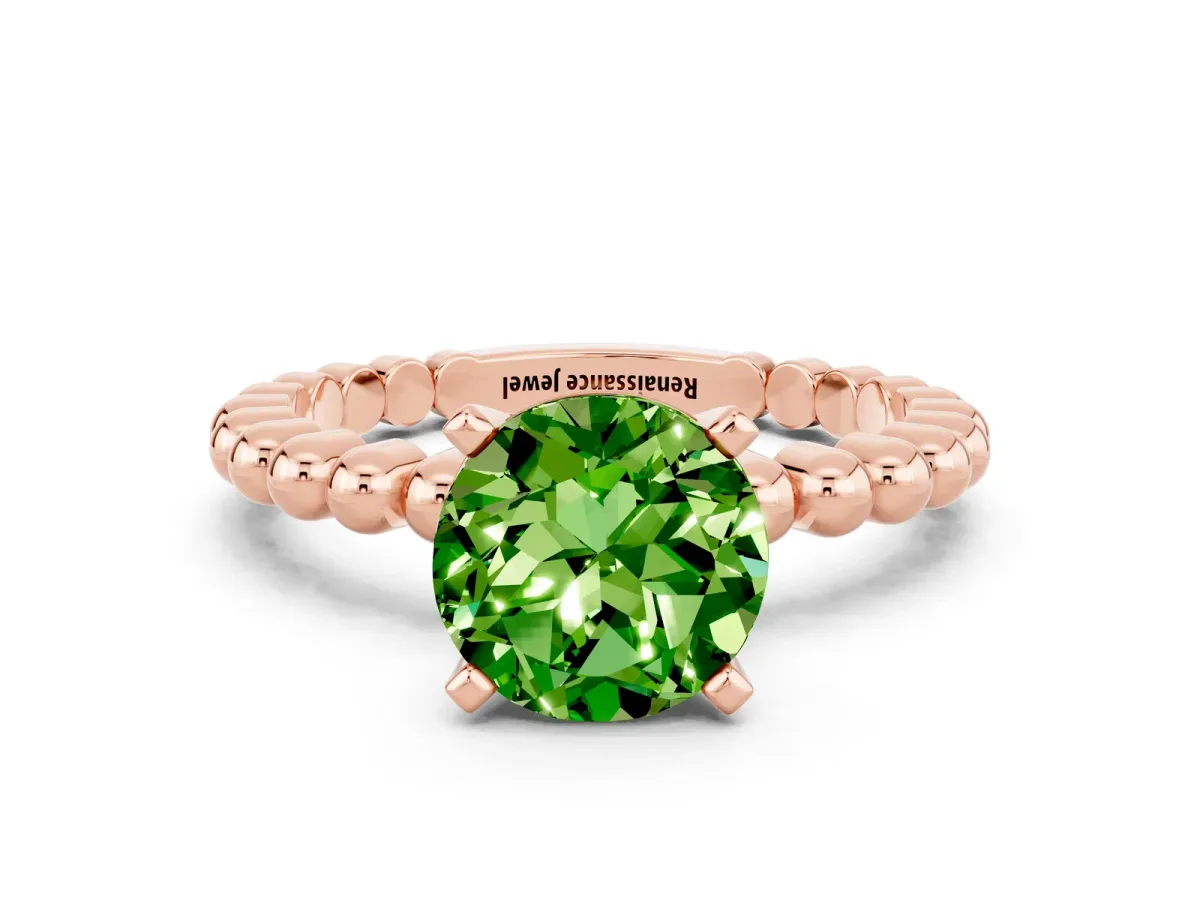 Round Cut Peridot Solitaire Ring with Beaded Band and Prong Setting Rose gold