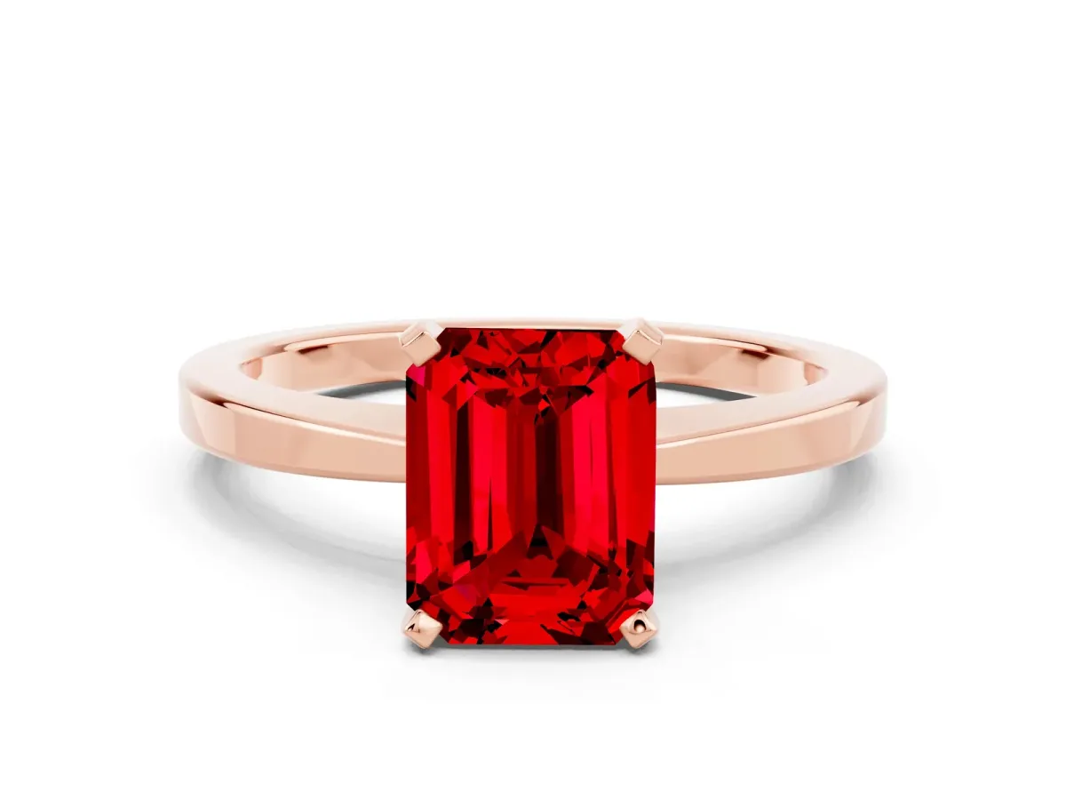Emerald Cut Ruby Solitaire Engagement Ring with Classic Band and Four-Prong Setting Rose gold