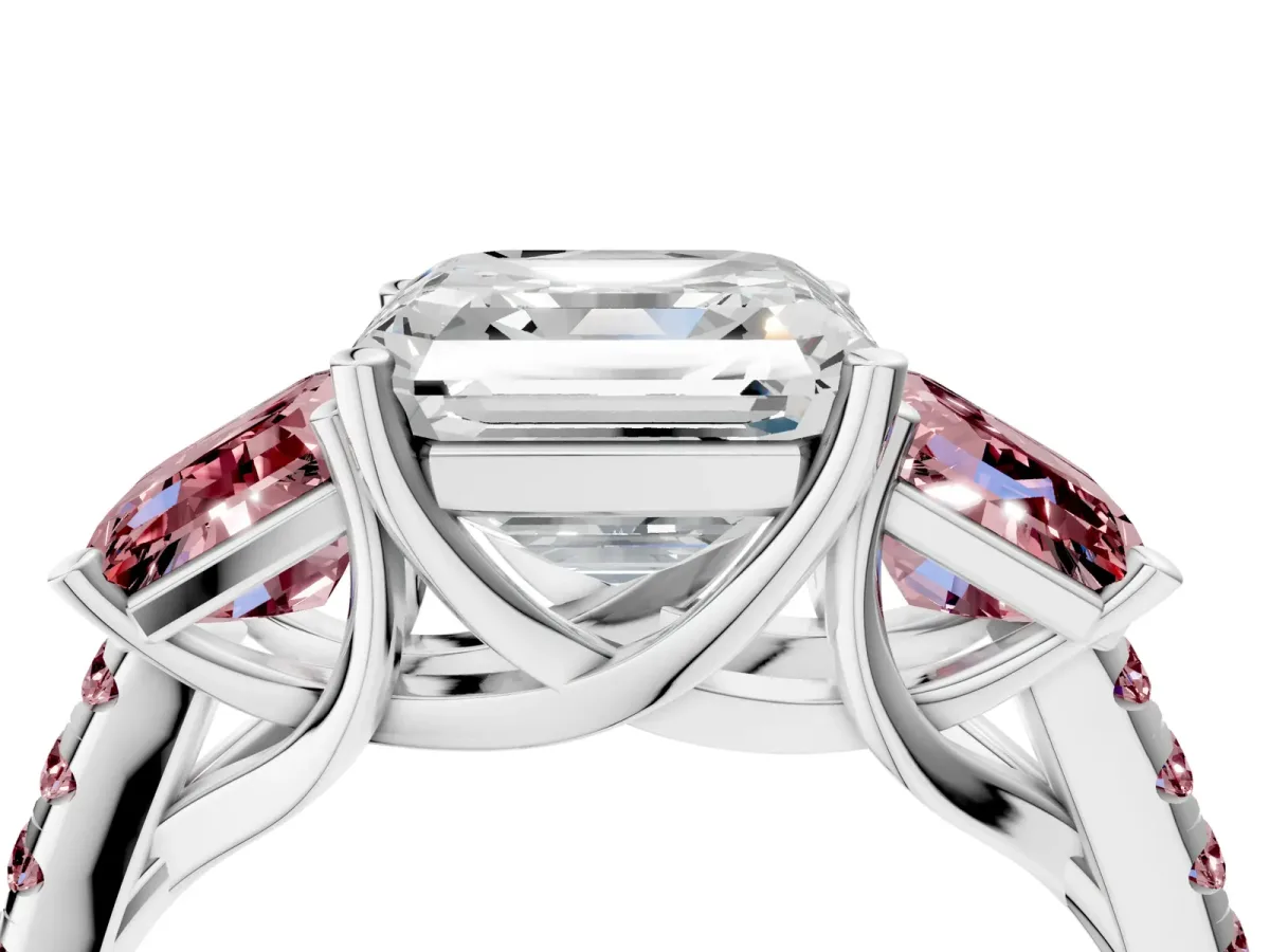 Three-Stone Asscher Cut Diamond Ring with Round Morganite Pavé Band and Prong Setting Silver