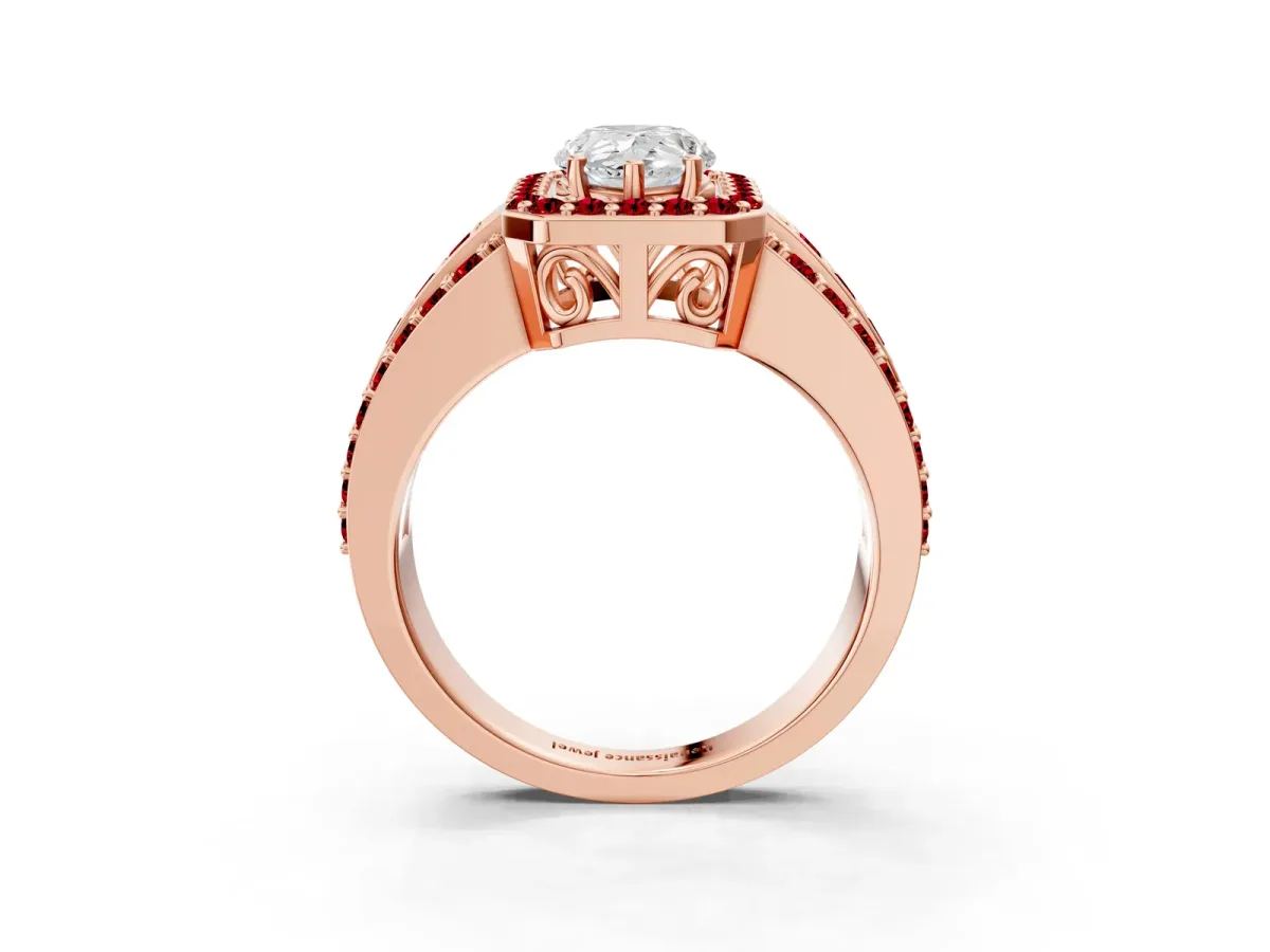Pear Cut Halo Diamond Ring with Round Ruby Split Shank and Prong Setting Rose gold