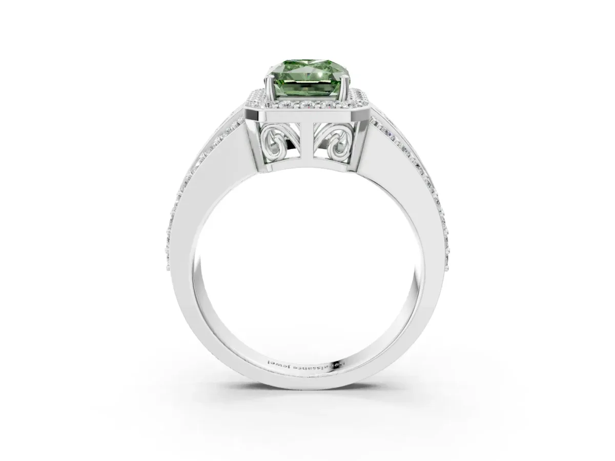 Fancy Green Radiant Cut Halo Diamond Ring with Round Split Shank and Prong Setting Silver