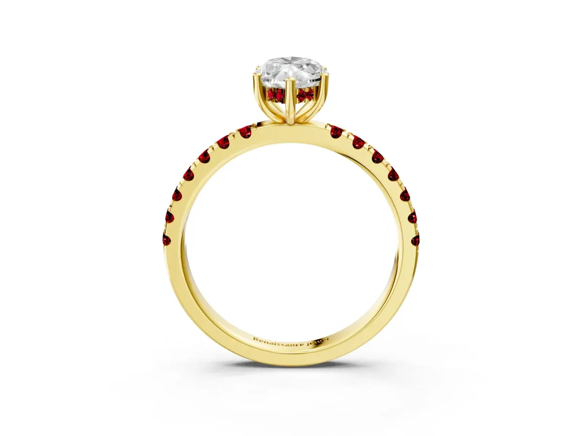Marquise Cut Diamond Pave Band Solitaire Ring with Round Ruby and Prong Setting Yellow gold