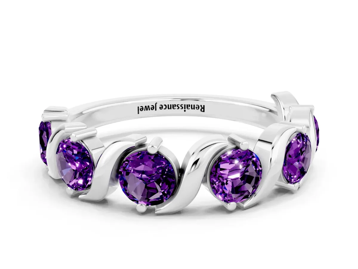 Six-Stone Round Amethyst Wave Band with Shared Prong Setting Silver