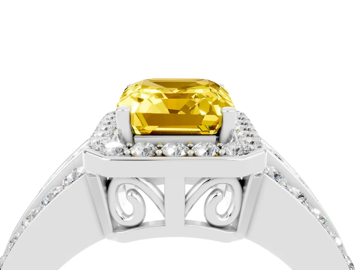 Emerald Cut Halo Yellow Sapphire Ring with Round Split Shank and Prong Setting Platinum