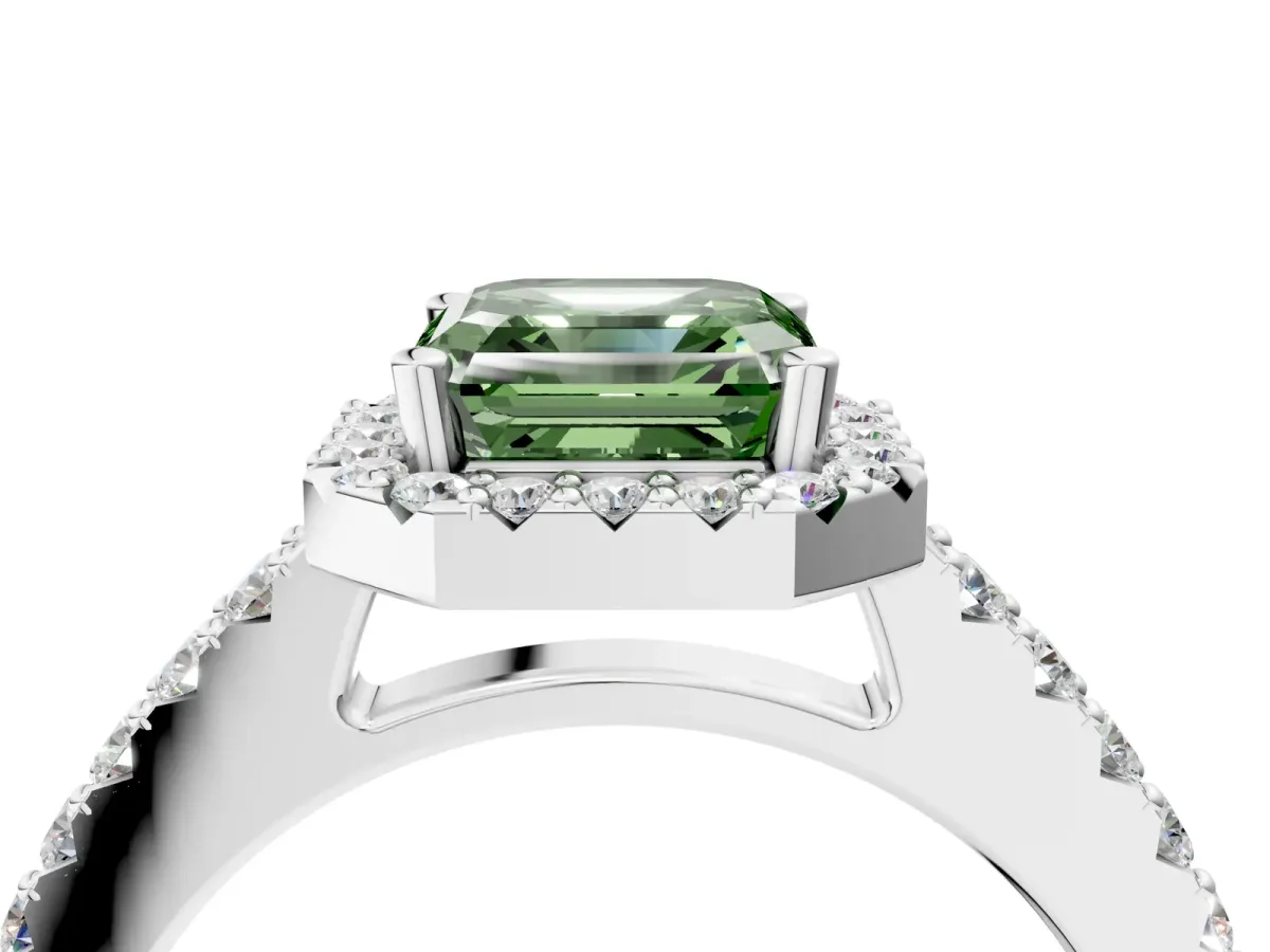 Fancy Green Asscher Cut Halo Diamond Pavé Solitaire Ring Platinum