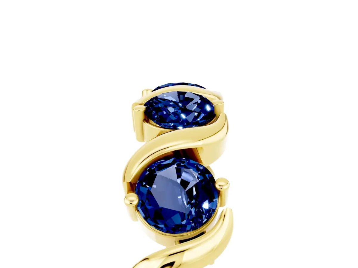 Round Blue Sapphire Half Eternity Band with Wave Prong Setting Yellow gold