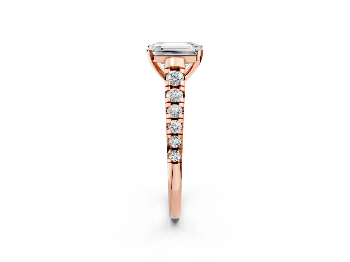 Emerald Cut Diamond Cathedral Solitaire Ring with Round Pavé Band Rose gold