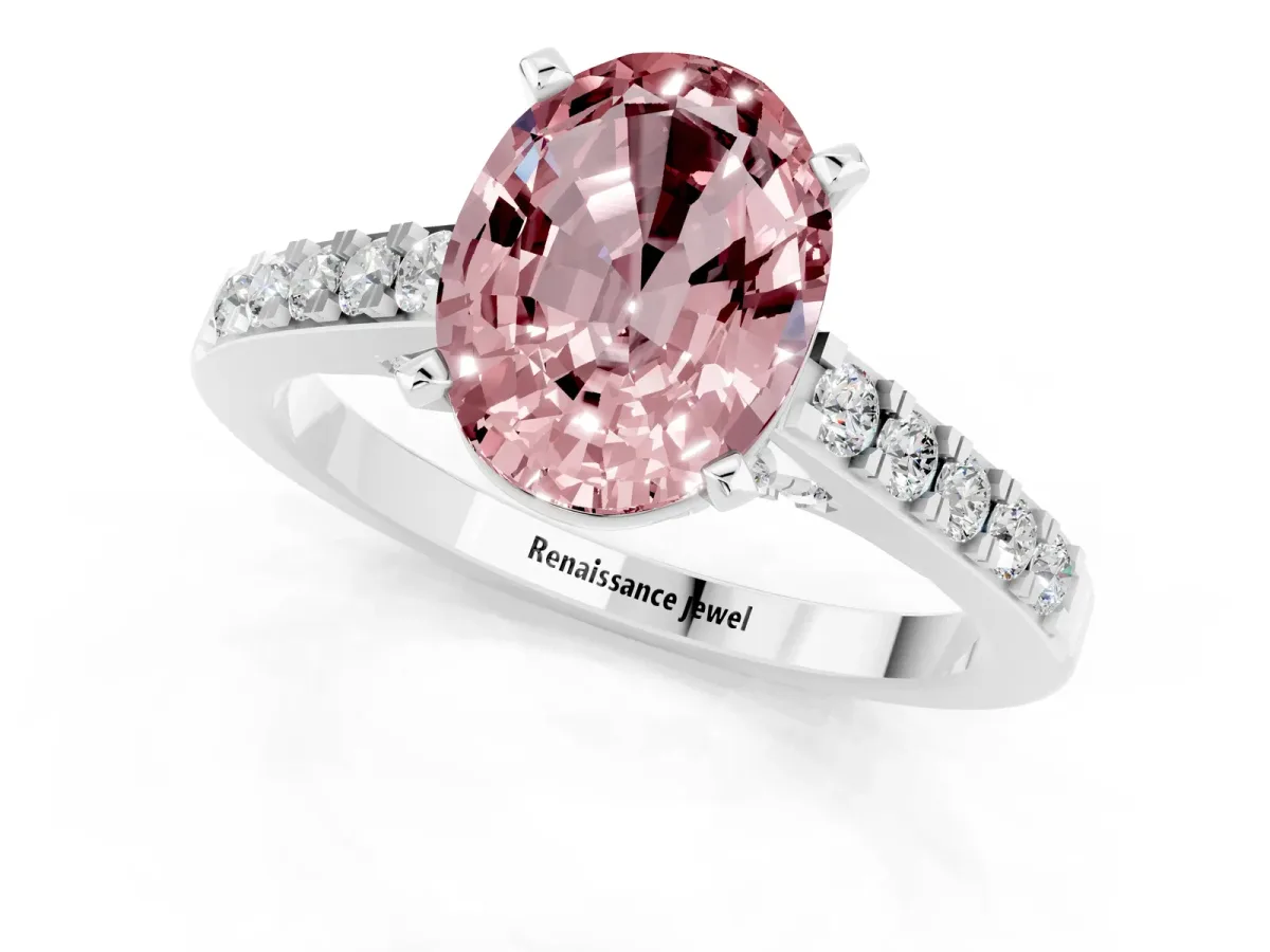 Oval Cut Morganite Solitaire Ring with Crossover Gallery and Round Pavé Band Silver