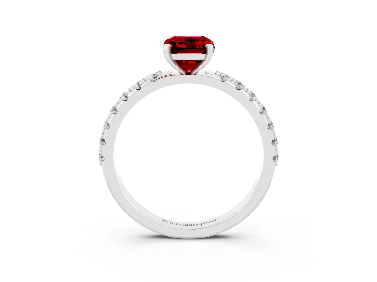 Emerald Cut Ruby Solitaire Pavé Band with Four-Prong Setting Silver