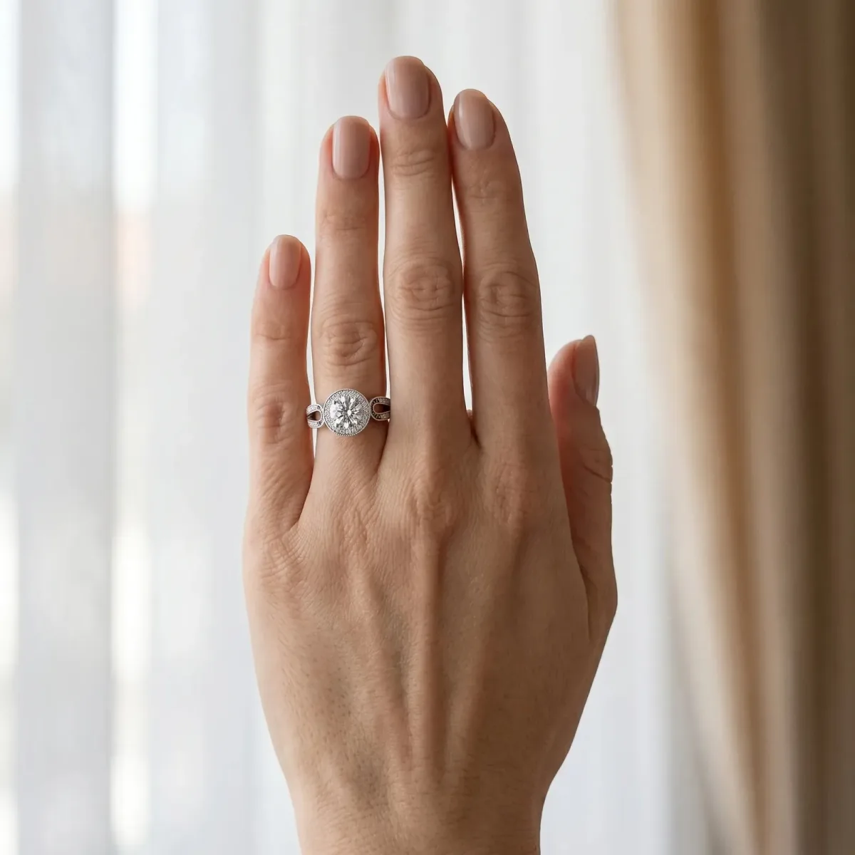 Round Cut Halo Split Shank Milgrain Diamond Ring Platinum
