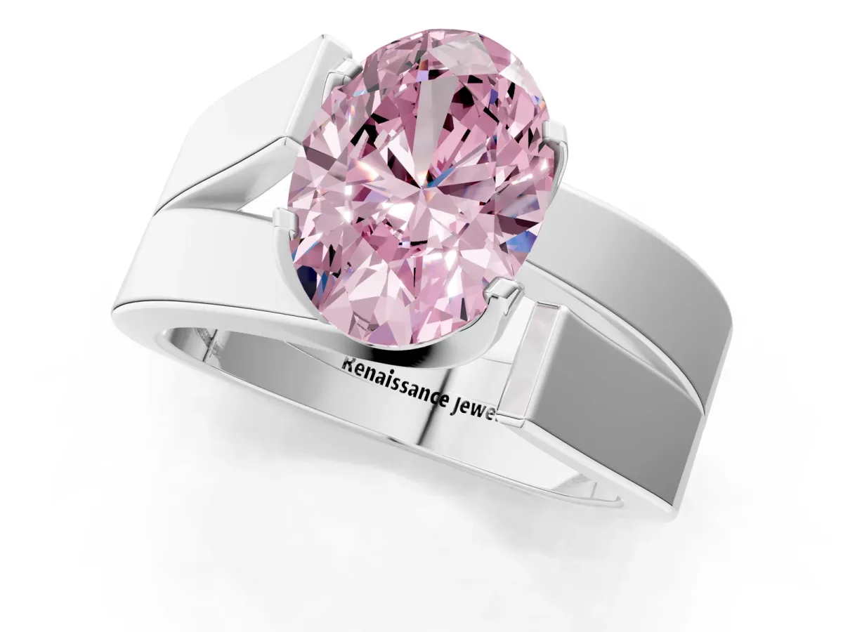 Fancy Pink Modern Tension Set Oval Cut Diamond Solitaire Wide Band Ring Silver