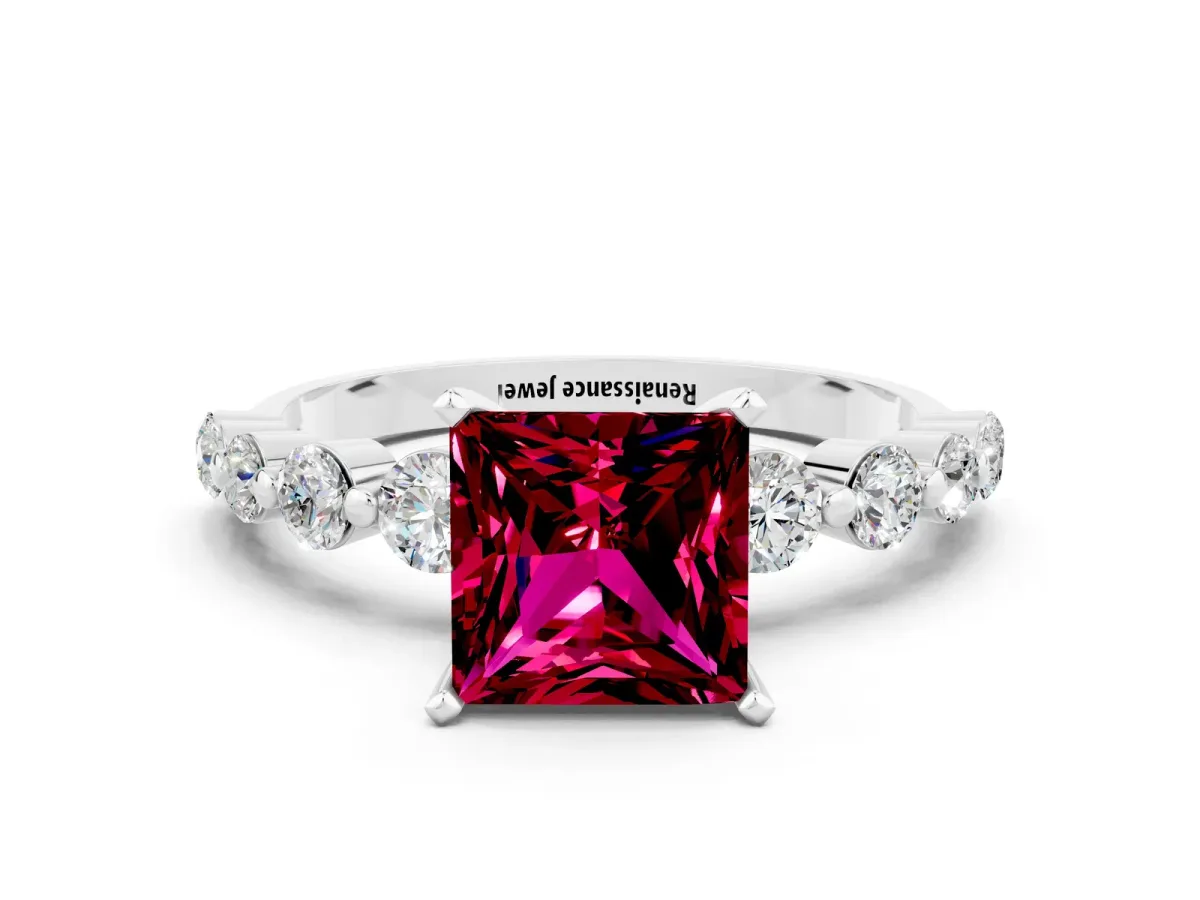 Princess Cut Solitaire Garnet Ring with Pave Band and Four-Prong Setting Platinum