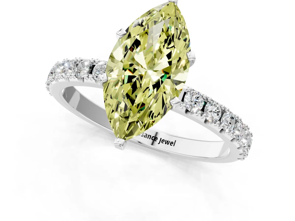 Fancy Yellow Marquise Cut Diamond Solitaire Pavé Band with Four-Prong Setting Silver