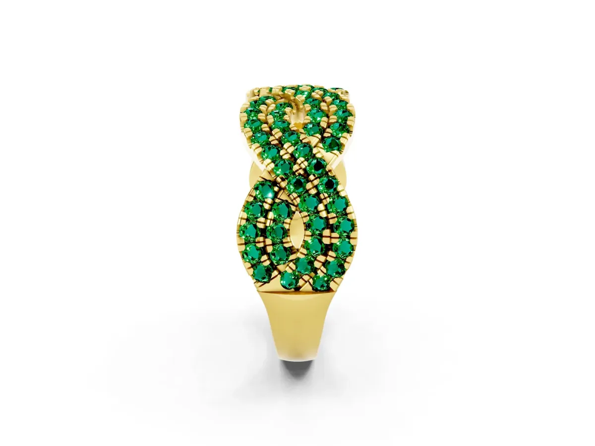 Pavé Round Emerald Infinity Twist Band with Shared Prong Setting Yellow gold