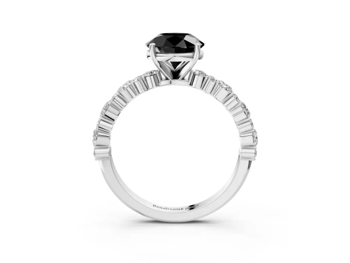 Fancy Black Round Cut Diamond Side Stone Solitaire Ring with Round and Four-Prong Setting White gold