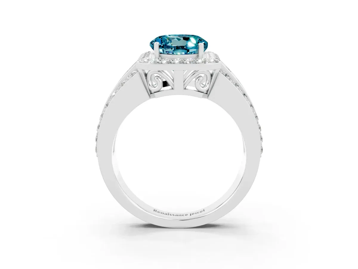 Round Cut Halo Blue Topaz Ring with Round Split Shank and Prong Setting Silver