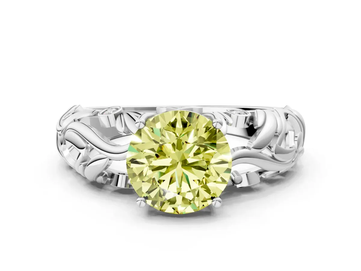 Fancy Yellow Round Cut Solitaire Diamond Leaf-Inspired Vine Band Ring with Prong Setting Silver