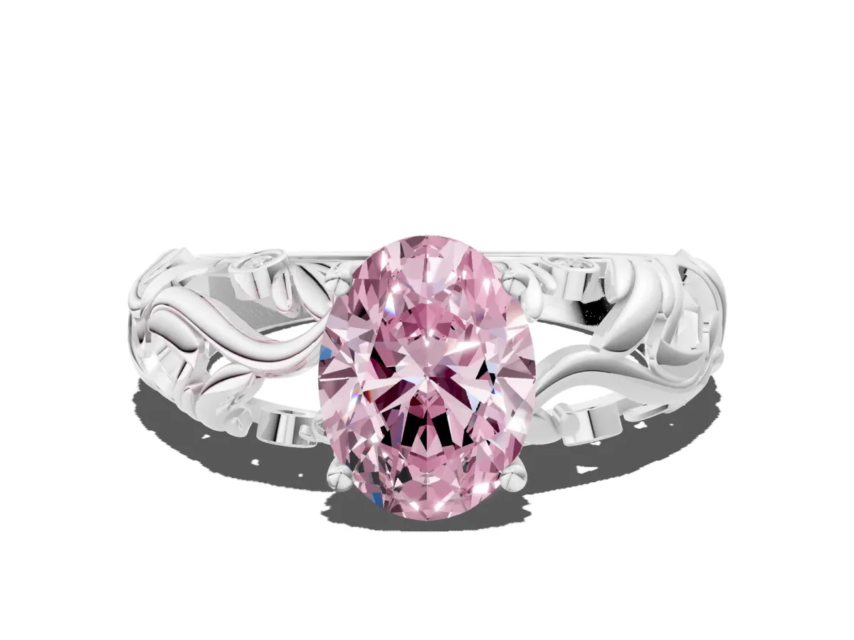 Fancy Pink Oval Cut Solitaire Diamond Leaf-Inspired Vine Band Ring with Prong Setting White gold