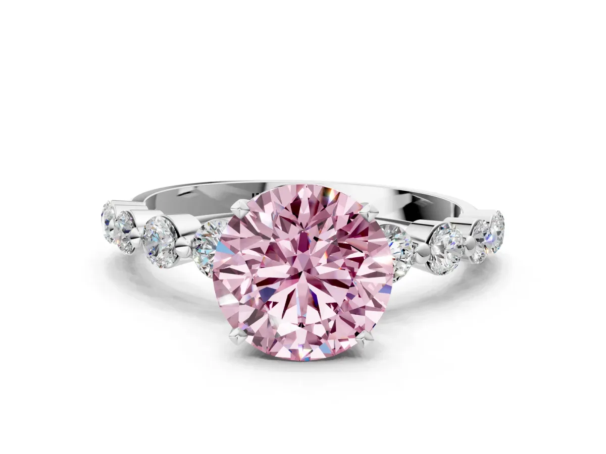 Fancy Pink Round Cut Solitaire Diamond Ring with Pave Band and Four-Prong Setting Silver