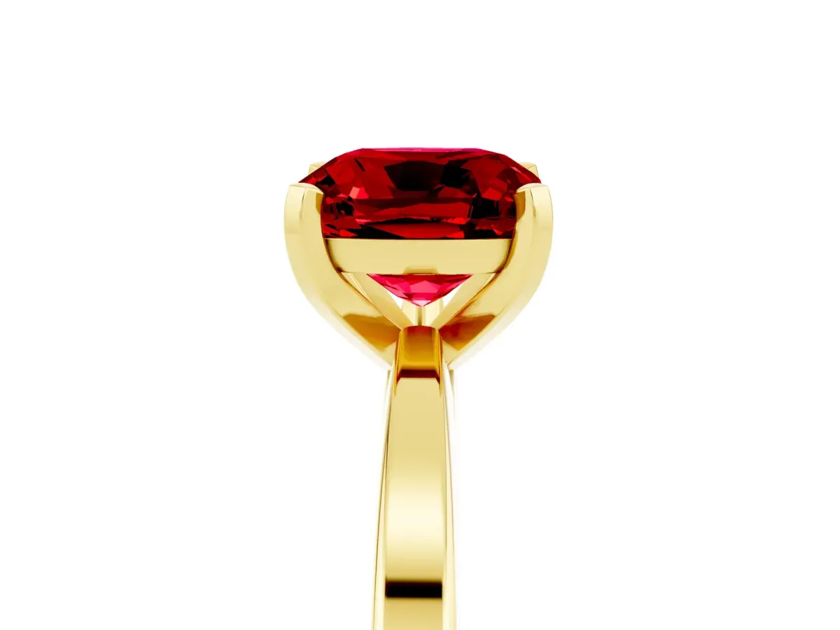 Cushion Cut Ruby Solitaire Engagement Ring with Classic Band and Four-Prong Setting Yellow gold