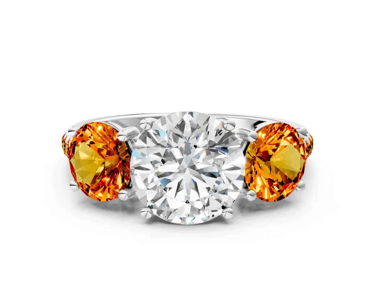 Three-Stone Round Cut Diamond Ring with Round Citrine Pavé Band and Prong Setting Silver