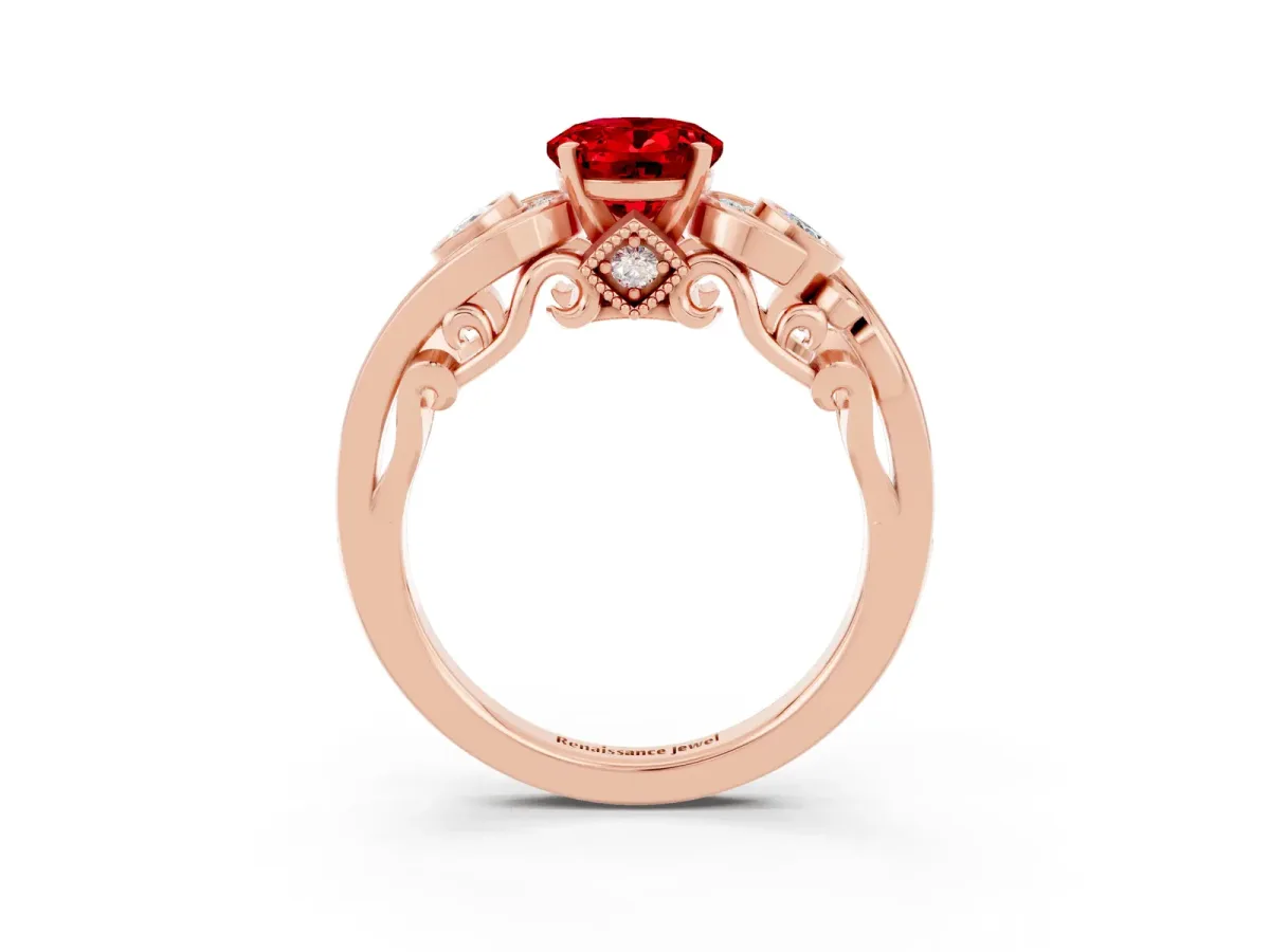Oval Cut Ruby Solitaire Ring with Milgrain Pavé Band and Four-Prong Setting Rose gold