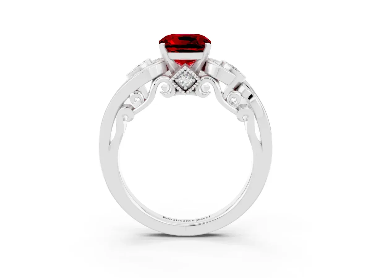 Cushion Cut Ruby Solitaire Ring with Milgrain Pavé Band and Four-Prong Setting Silver