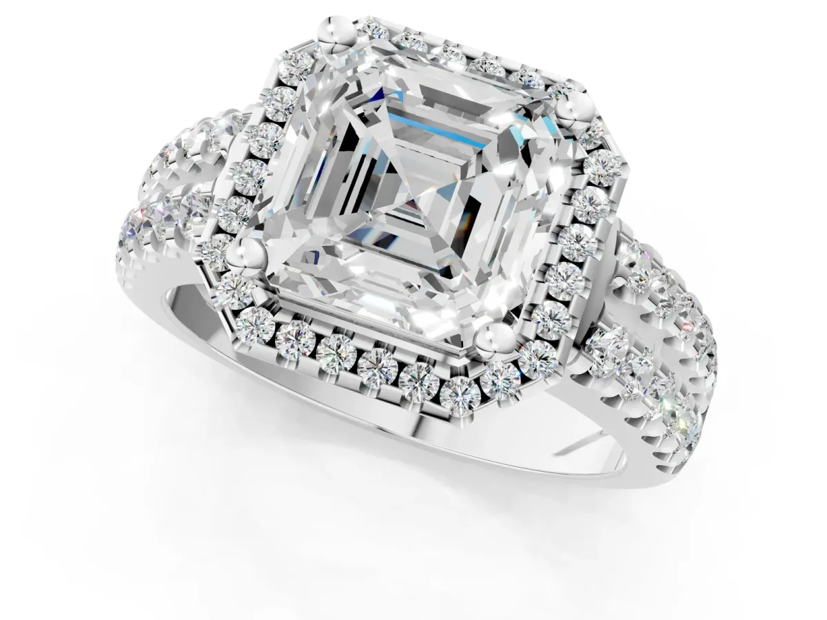 Asscher Cut Halo Diamond Split Shank Engagement Ring with Prong Setting Platinum