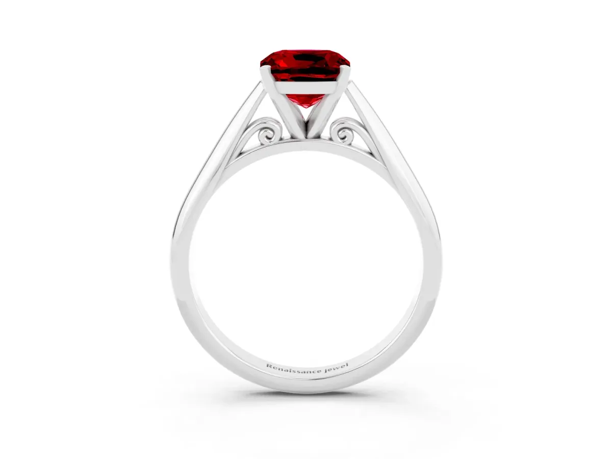 Cushion Cut Ruby Solitaire Engagement Ring with Cathedral Setting and Four-Prong Mount White gold