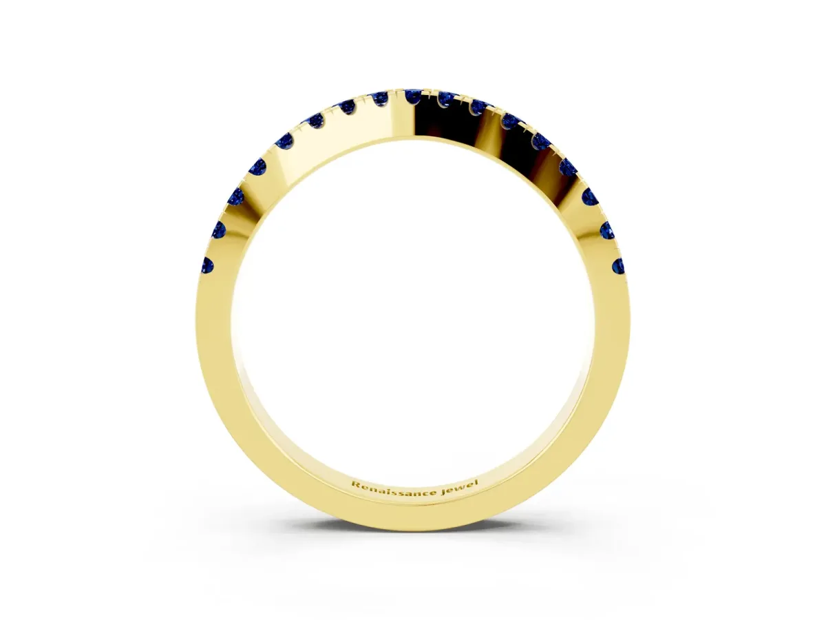 Round Blue Sapphire Pavé Curved Band with Shared Prong Setting Yellow gold