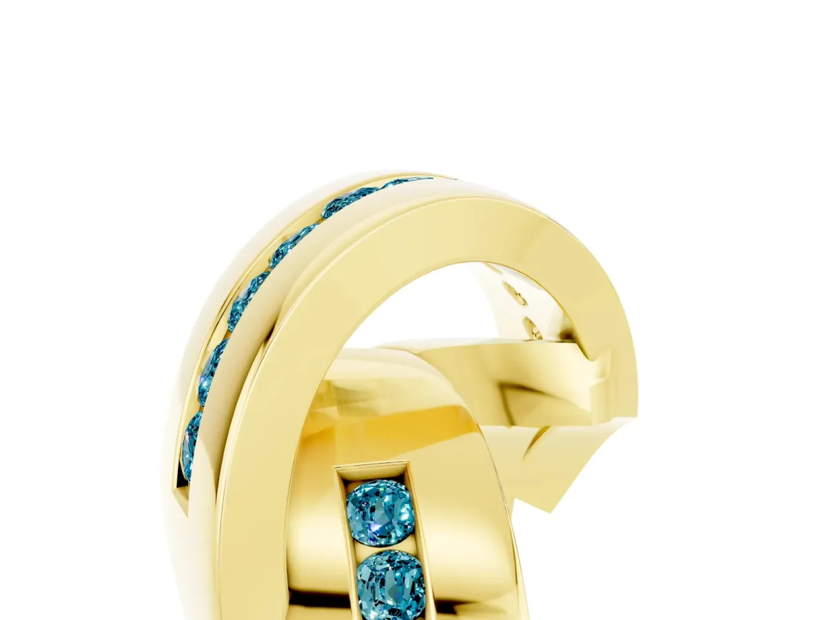 Pavé Round Blue Topaz Crossover Band with Channel Setting Yellow gold