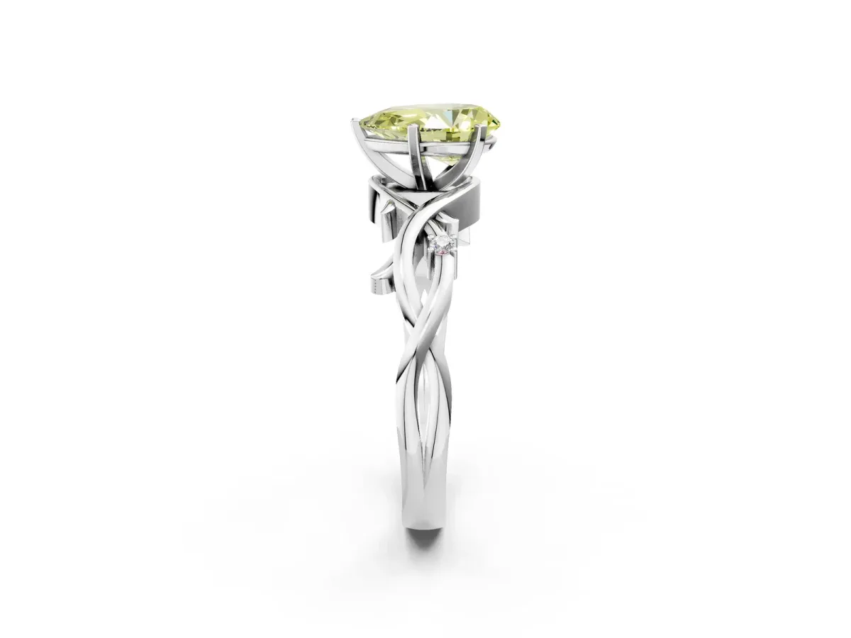 Fancy Yellow Pear Cut Diamond Solitaire Ring with Twisted Band and Prong Setting Platinum
