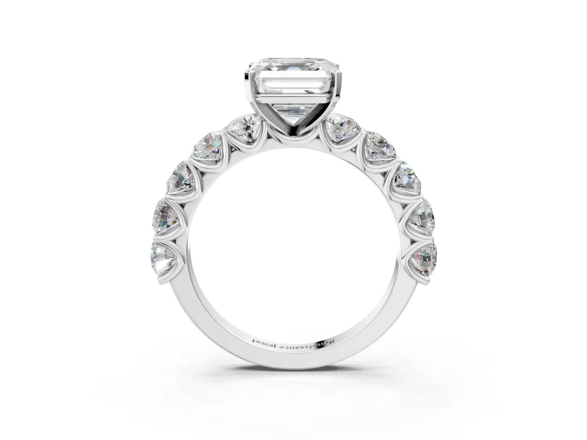 Asscher Cut Diamond Prong Setting with Side Stones on a Pave Band Platinum