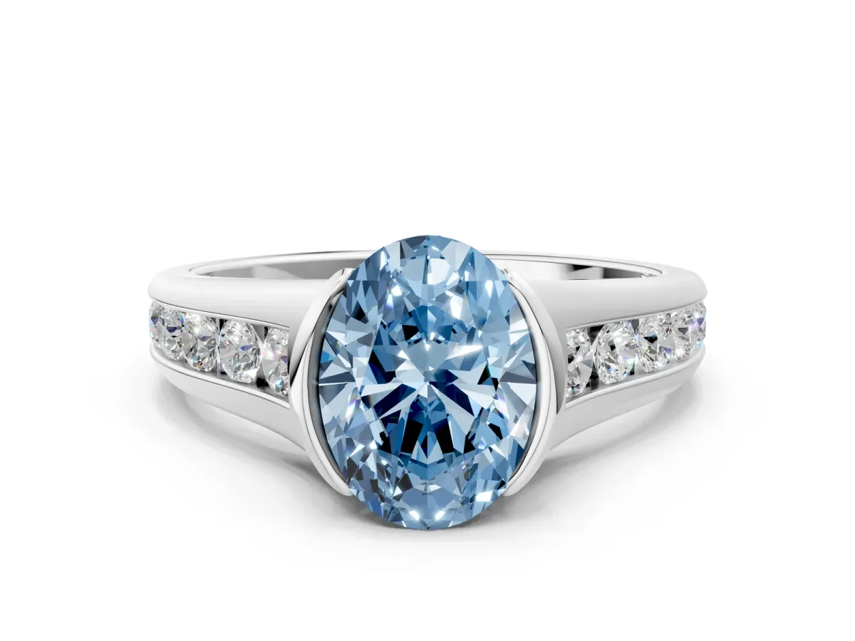 Fancy Blue Oval Cut Solitaire Bezel-Set Diamond Ring with Channel-Set Band Platinum