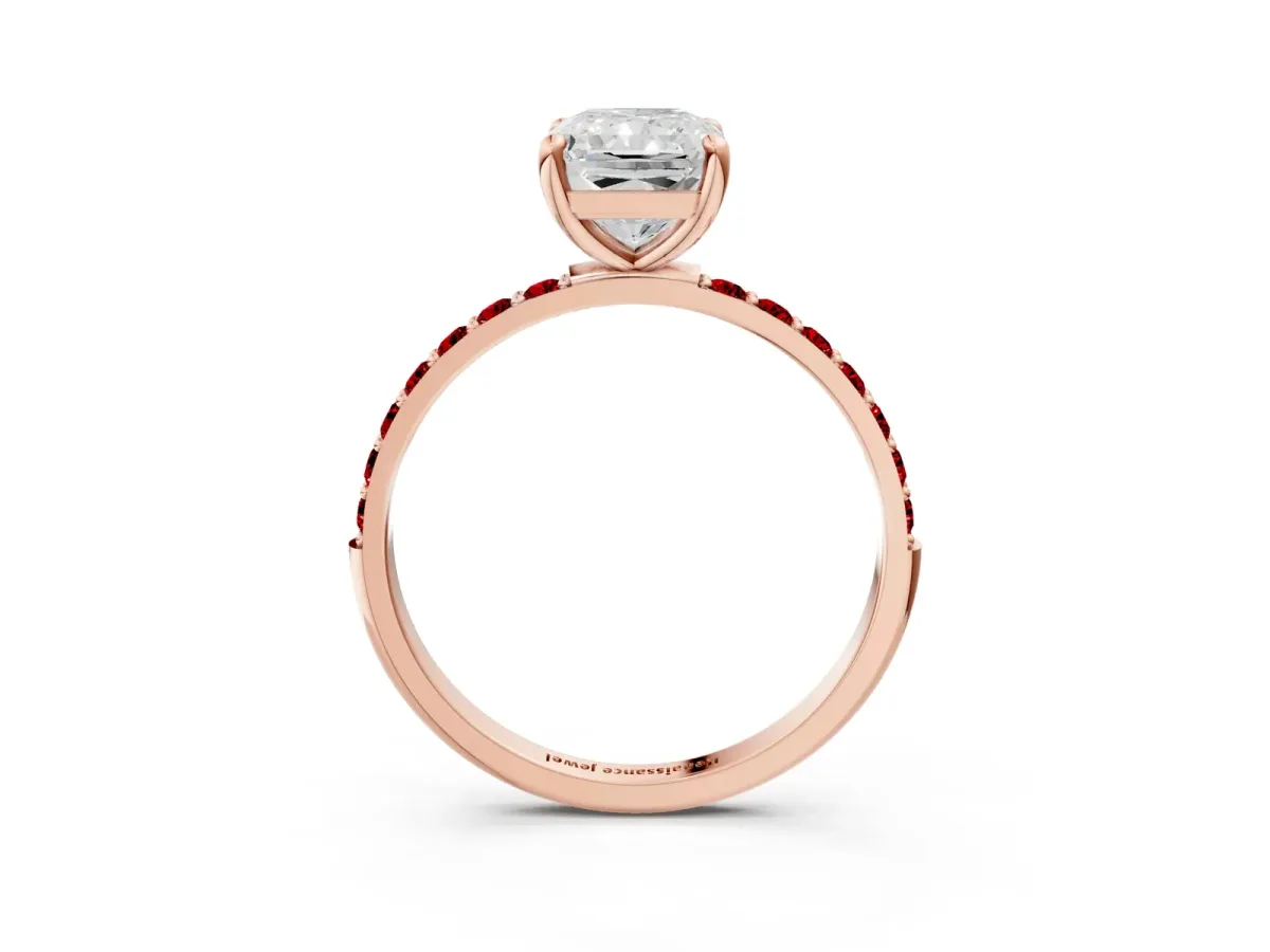 Radiant Cut Diamond Solitaire Ring with Round Ruby Pavé Band and Prong Setting Rose gold
