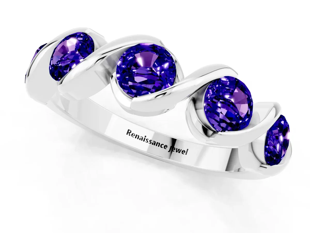 Round Tanzanite Wave Band with Channel Setting and Shared Prongs Silver