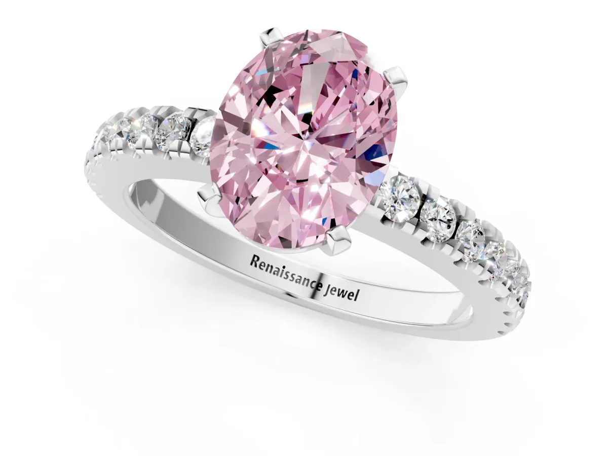 Fancy Pink Oval Cut Solitaire Diamond with Pavé Band and Four-Prong Setting Silver