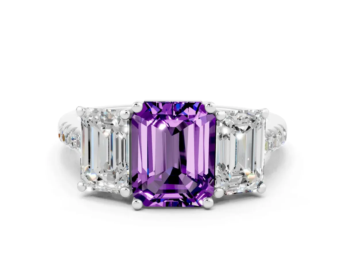 Three-Stone Emerald Cut Amethyst Ring with Round Pavé Band and Prong Setting Platinum