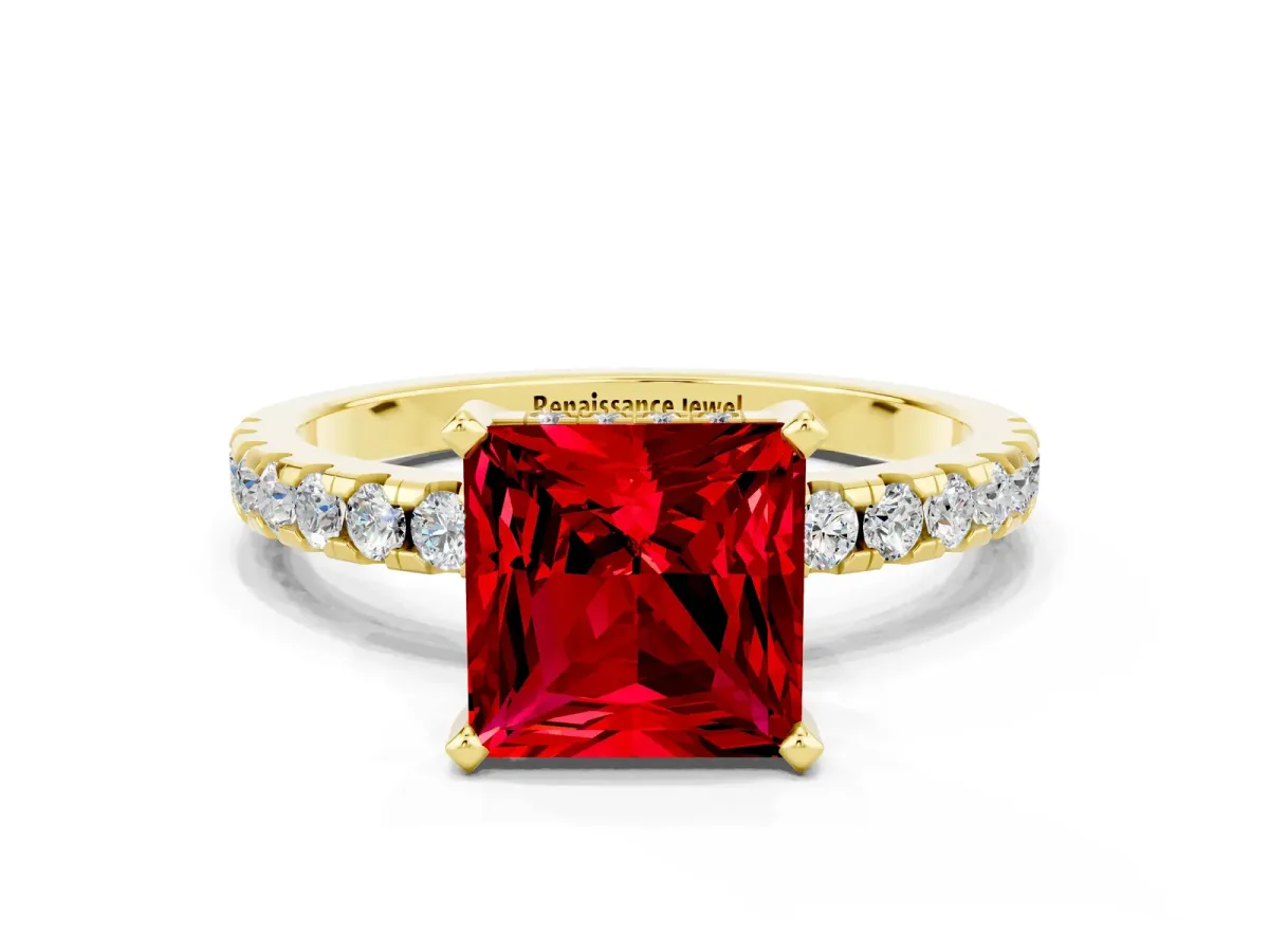Princess Cut Ruby Solitaire Ring with Round Pavé Band and Four-Prong Setting Yellow gold