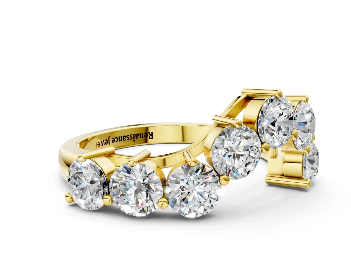 Curved Diamond Cluster Band - Round Stones, Split Shank, Prong Setting Yellow gold