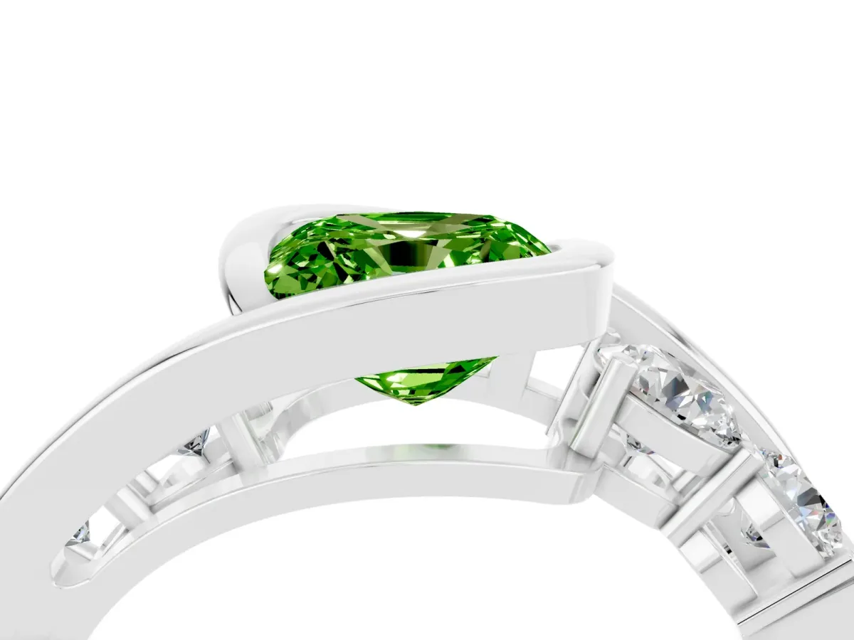 Bezel Set Cushion Cut Peridot Bypass Ring with Round Accents Platinum