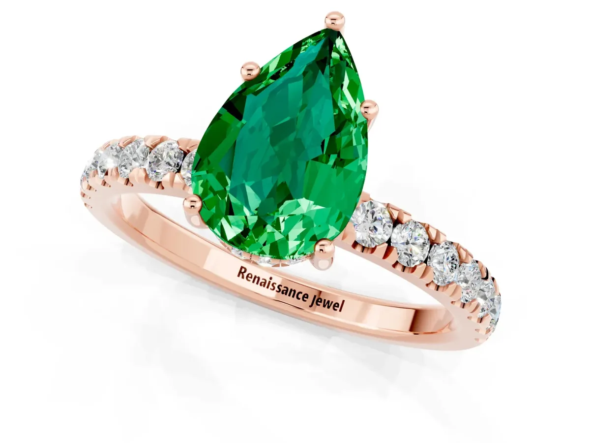 Pear Cut Emerald Pave Band Solitaire Ring with Round and Prong Setting Rose gold