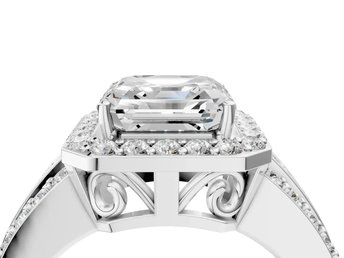 Asscher Cut Halo Diamond Ring with Round Moissanite Split Shank and Prong Setting Silver