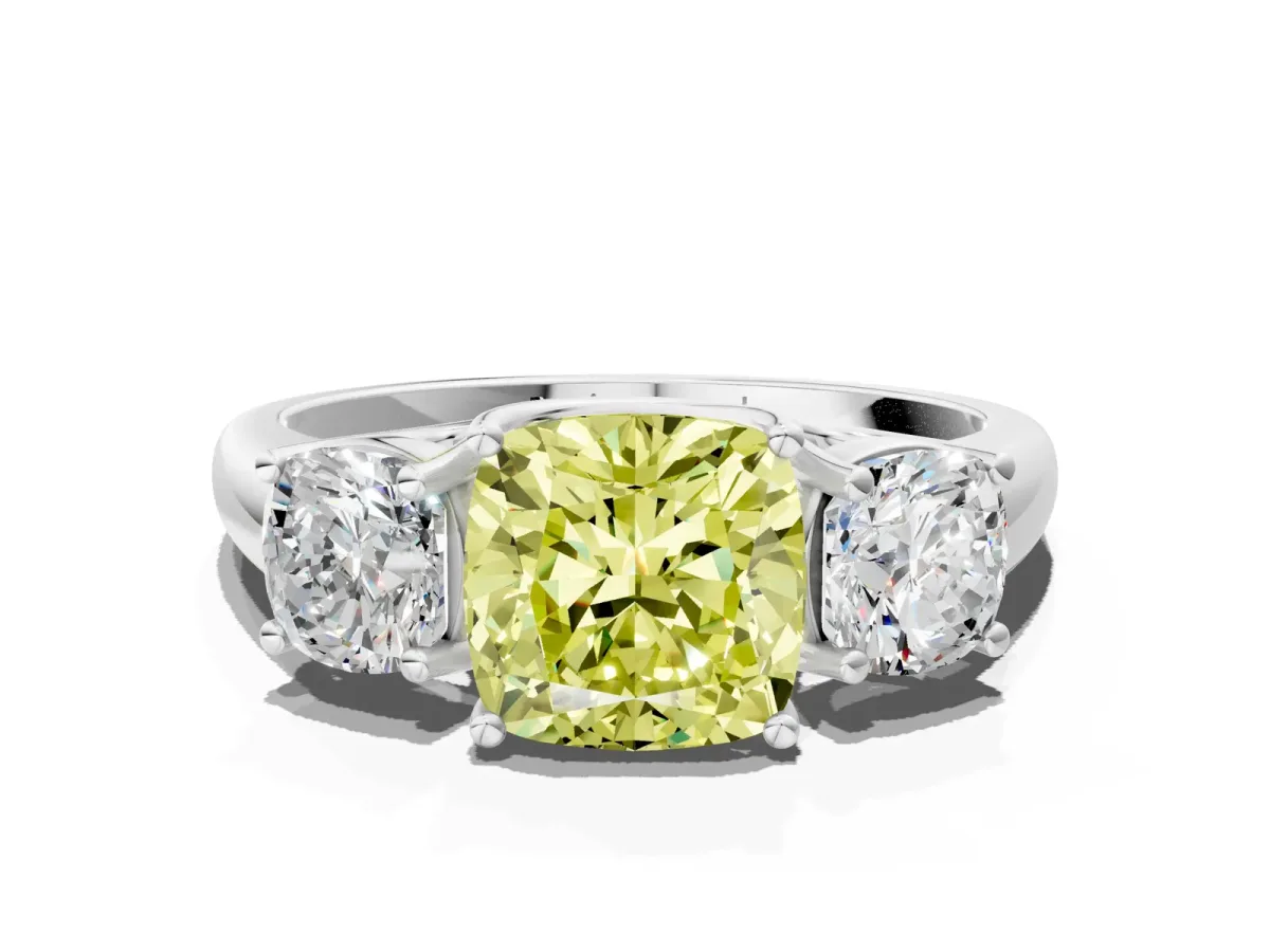 Fancy Yellow Three-Stone Cushion Cut Diamond Engagement Ring with Prong Setting White gold